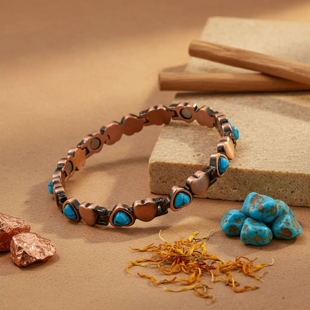 Copper Bracelet with turquoise stones on a brown background