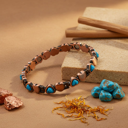 Copper Bracelet with turquoise stones on a brown background