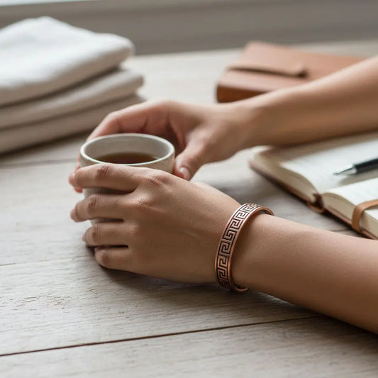 Person wearing copper bracelet and holding a small cup of tea on a wooden surface with books and a notebook.