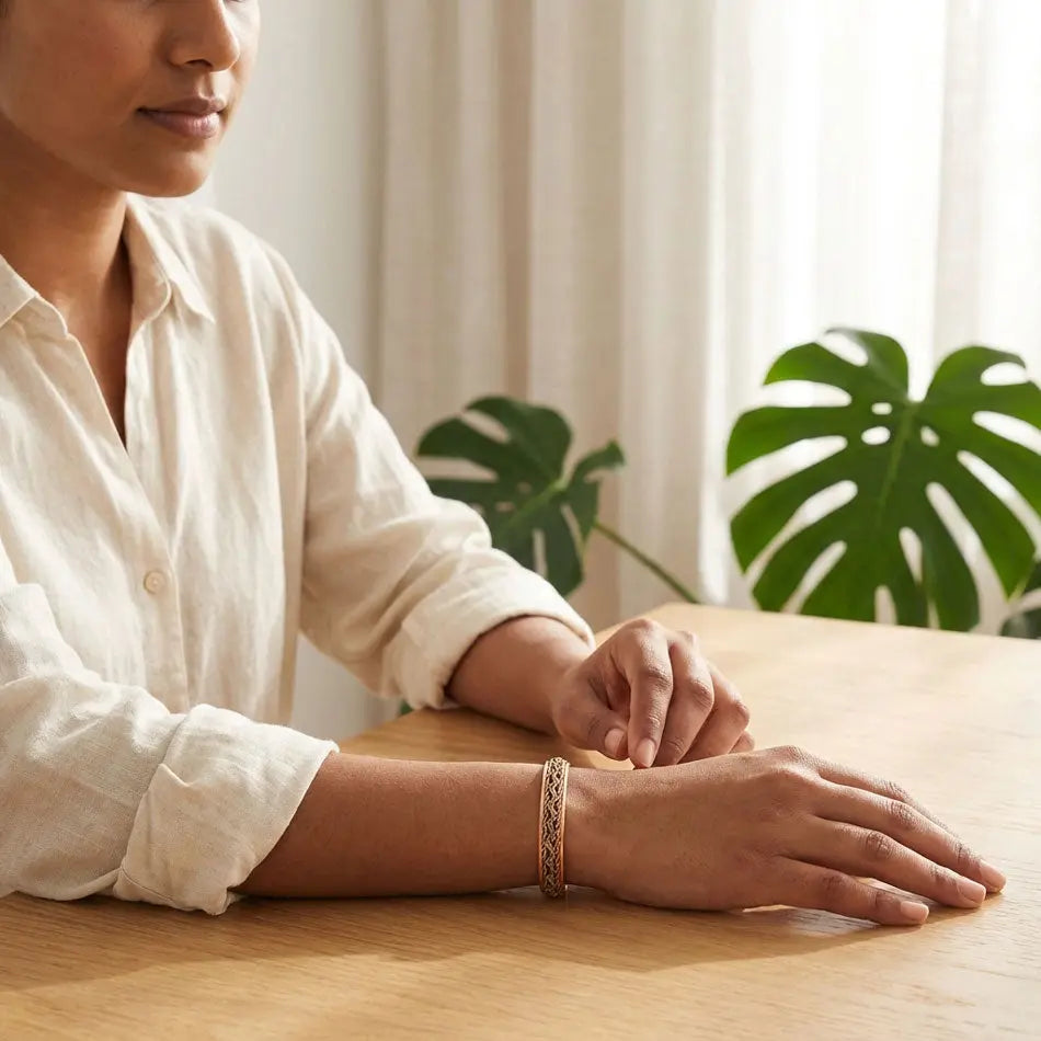 Person wearing a copper bracelet sitting at a table with a plant in the background