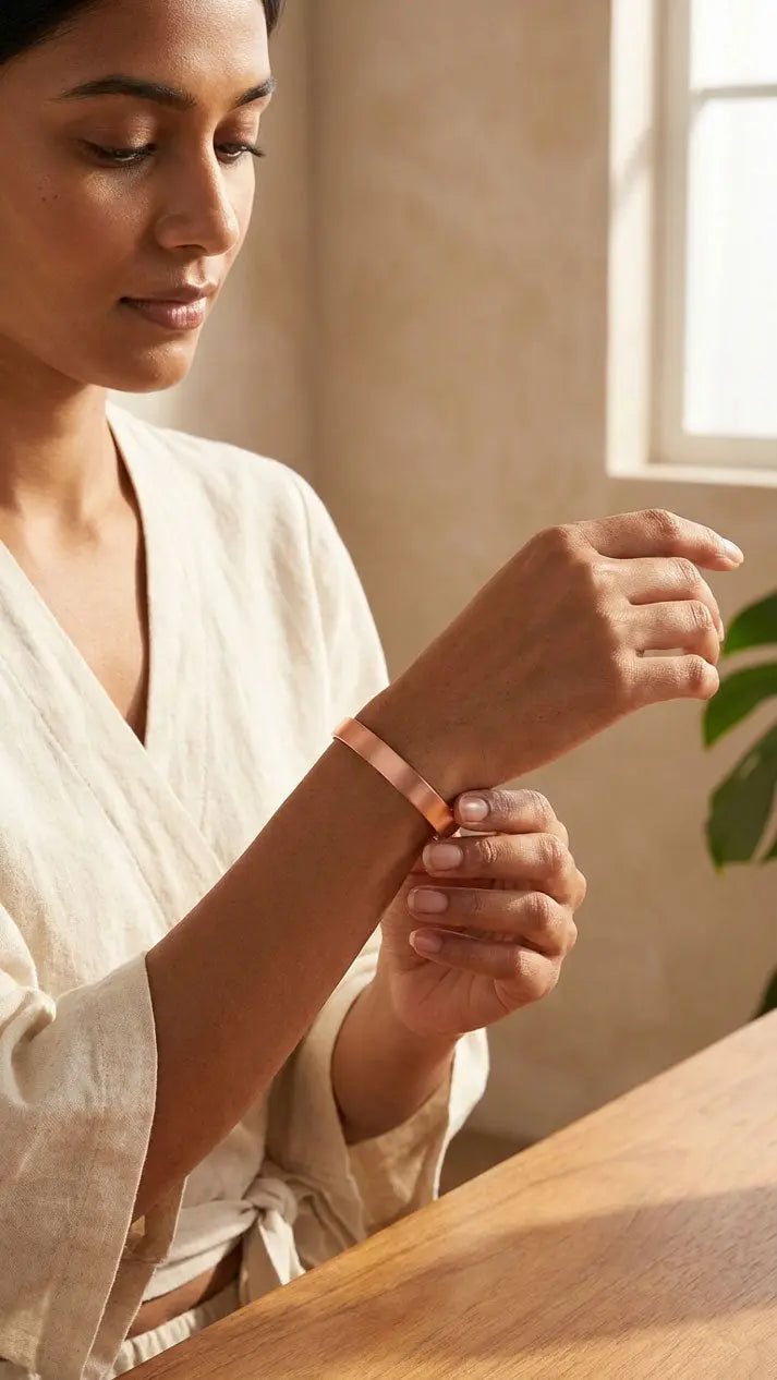 Woman wearing a copper band in a warm indoor setting