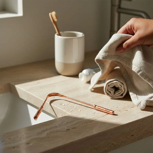 Person cleaning a copper tongue cleaner with a cloth in a bathroom counter.