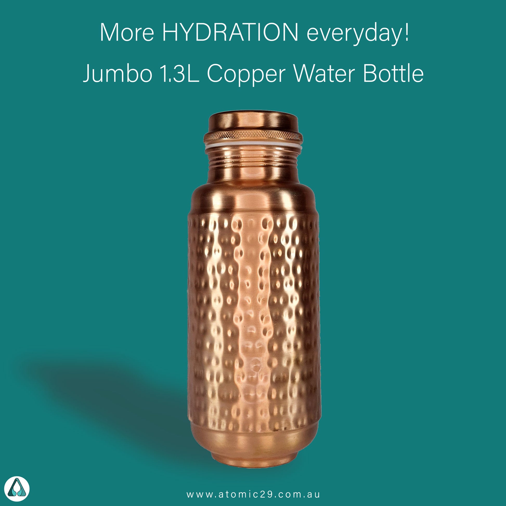 atomic29 jumbo copper water bottle with 1.3l capacity for long summer days