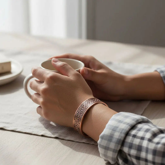 Person holding a mug with a atomic29 Knot design copper bracelet on wrist