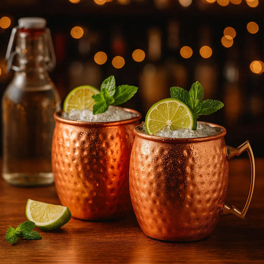 Two copper mugs with cocktails garnished with lime slices and mint leaves on a wooden surface.