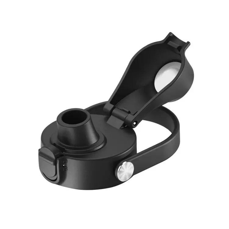 Black push up water bottle lid with handle on a white background