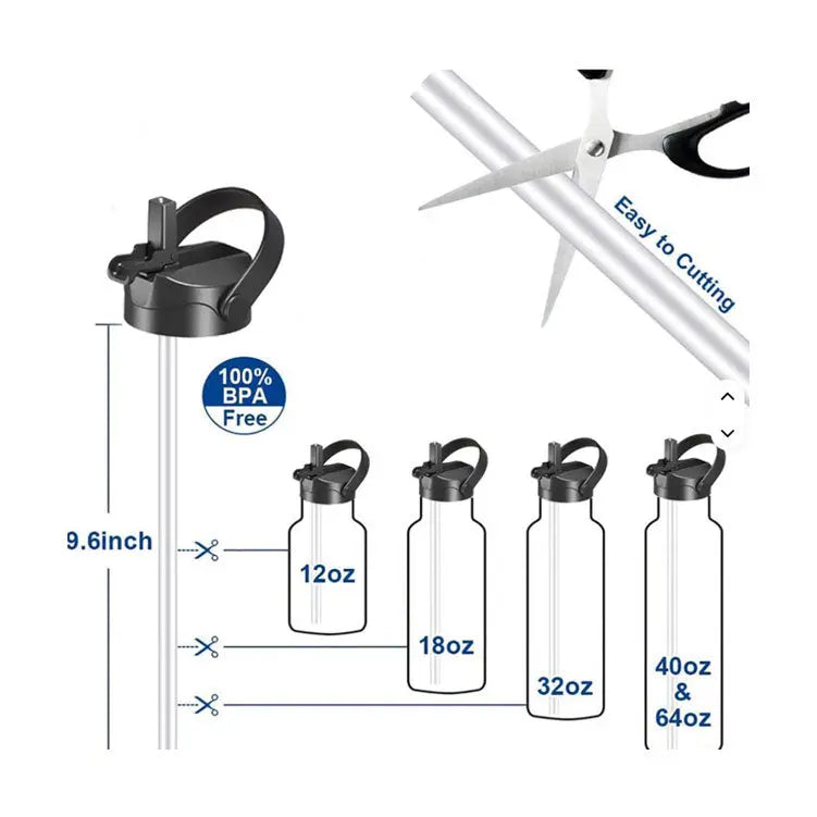 Clear water bottles with black lids and measurements, accompanied by scissors and a 100% BPA-free label.