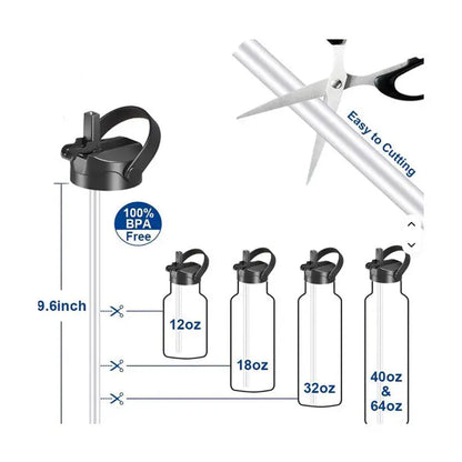 Clear water bottles with black lids and measurements, accompanied by scissors and a 100% BPA-free label.