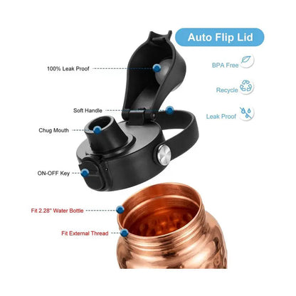 Copper water bottle with auto flip lid features on a white background
