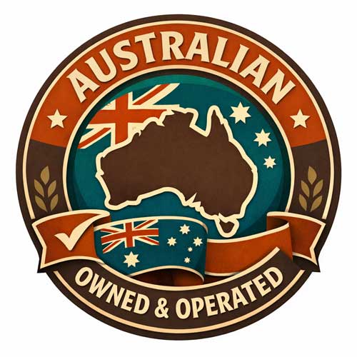 Logo with Australian flag, map of Australia, and text 'Australian Owned & Operated' on a white background.