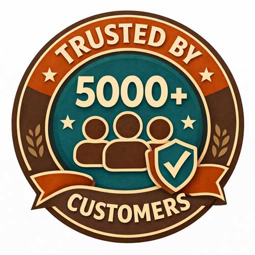 Logo indicating trust with 5000+ customers, featuring people icons and a checkmark.