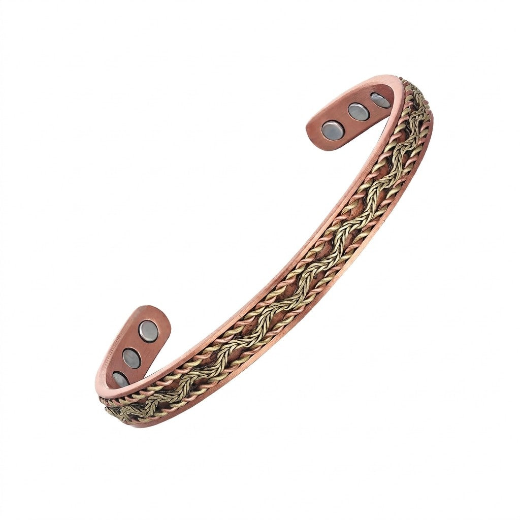 A braided copper magnetic cuff bracelet with a braided copper and bronze pattern on the outer band, featuring three silver magnetic buttons on each end.