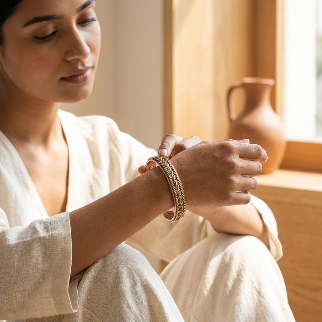 A woman in a cream linen robe sits by a warm window, adjusting a braided copper bracelet on her wrist. A terracotta jug is visible in the softly lit background.