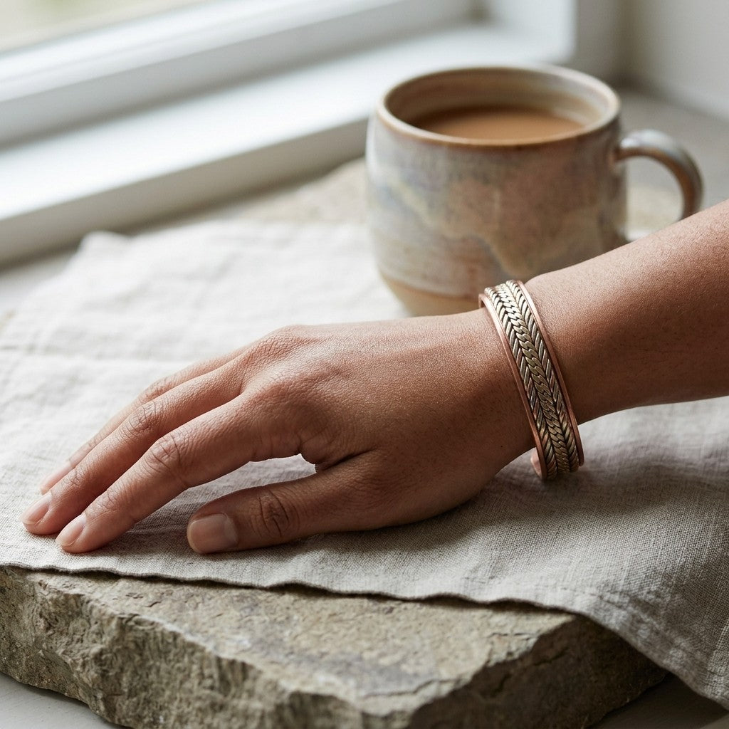 A close-up of a person's hand resting on a textured stone surface next to a ceramic mug, wearing a braided copper magnetic cuff bracelet with woven details.