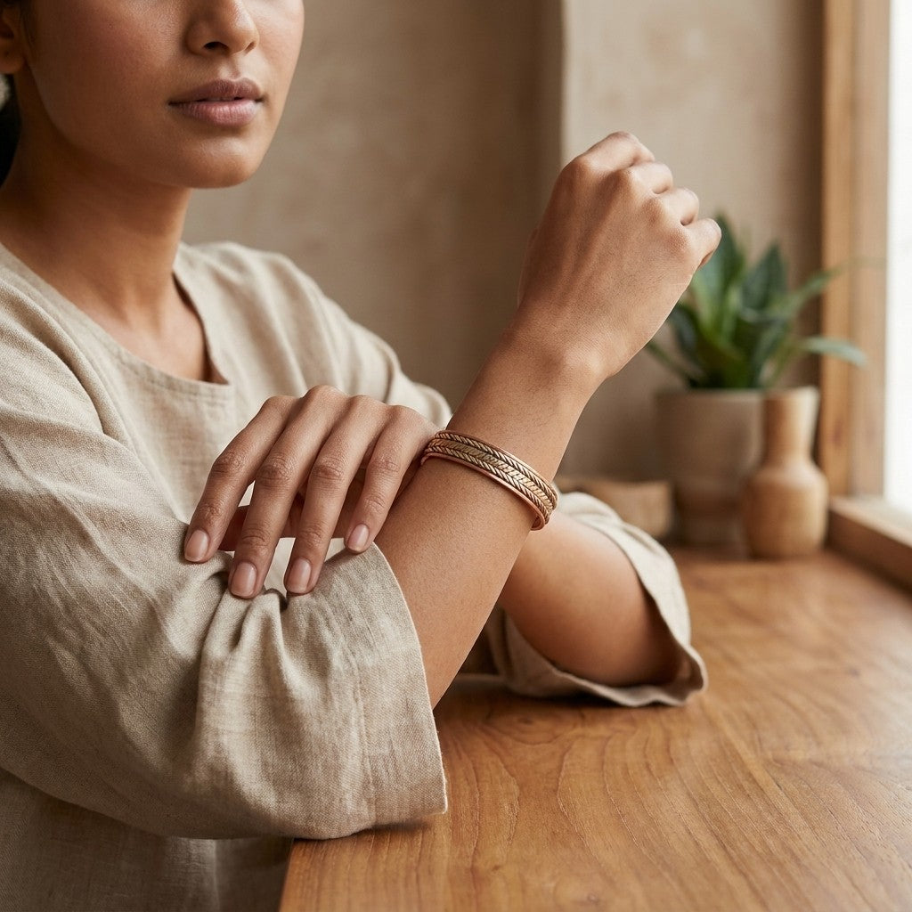 A woman wearing a stack of three thin woven brass, copper and cupronickel copper bracelet on her wrist, seated at a wooden table in a warm, softly lit indoor setting