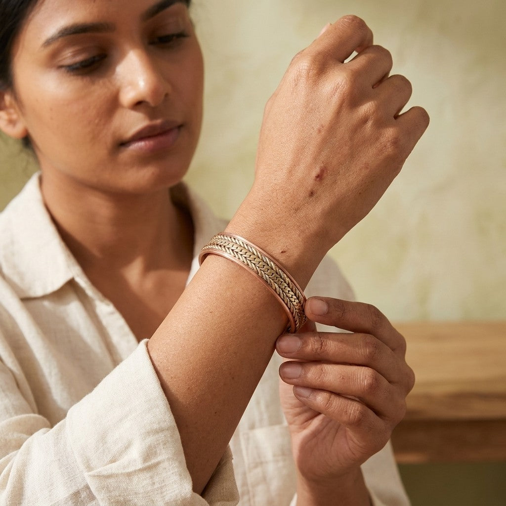 A woman wearing a textured, woven copper  bracelet on her wrist, shown in a warm, softly lit indoor setting.