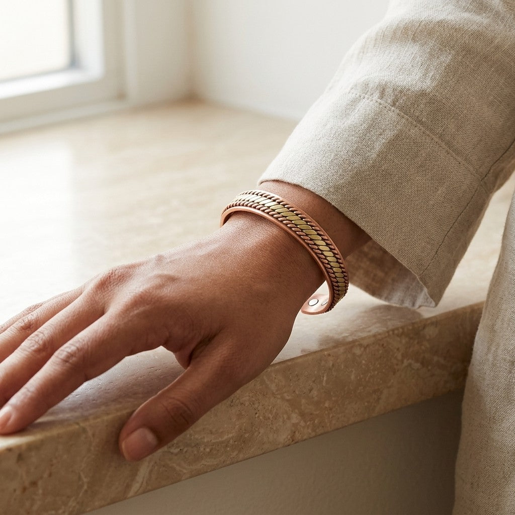A close-up of a person's hand resting on a stone ledge, wearing a copper cuff bracelet in a warm gold and rose gold tone.