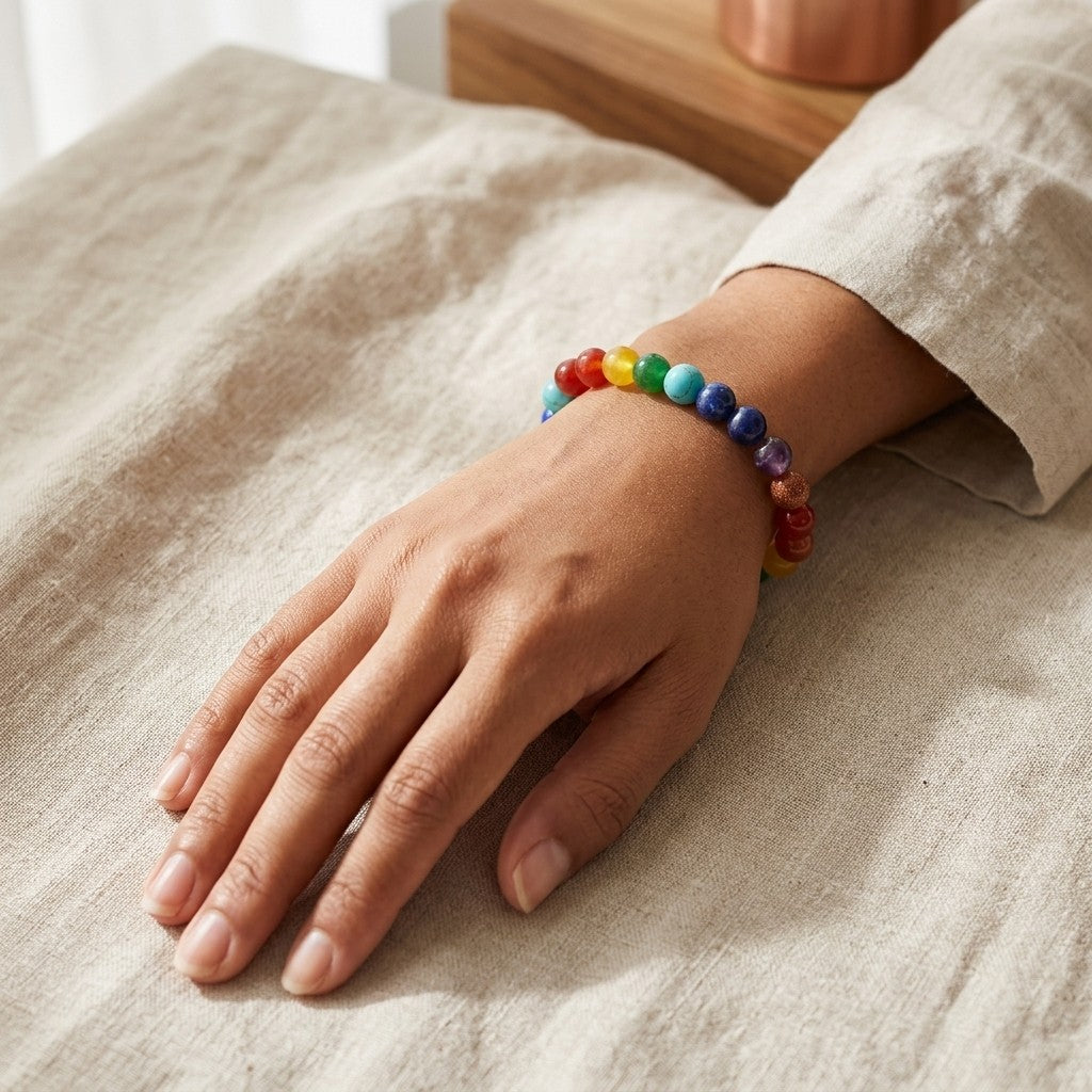 A close-up of a person's hand resting on a beige linen surface, wearing a 7 chakra bracelet made of different energy stones.