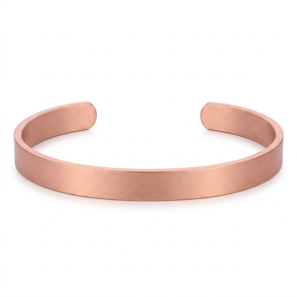 A minimalist open copper cuff bracelet in smooth polish, shown on a clean white background.