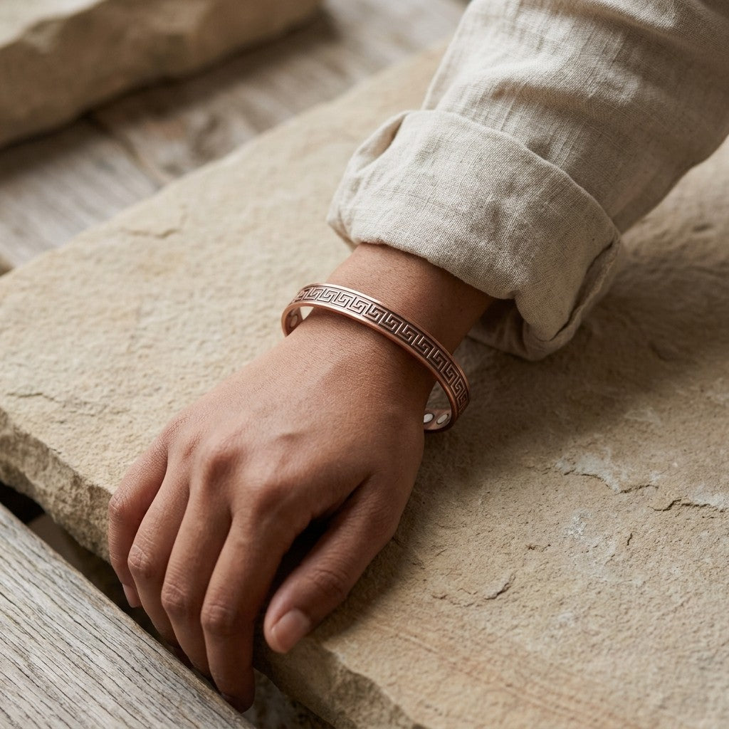 A close-up of a person's hand resting on a rustic stone surface, wearing a copper cuff bracelet with a Greek key pattern.