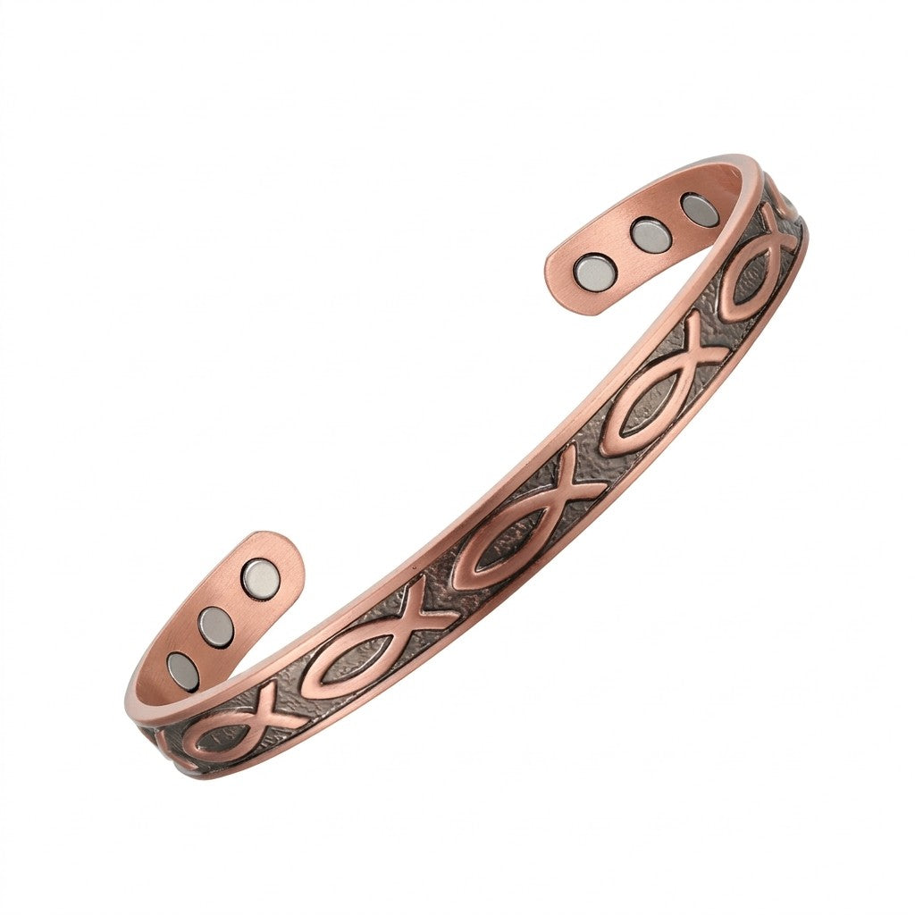 A copper open cuff bracelet featuring an engraved Ichthus Fish pattern and three circular magnetic therapy inserts on each end, shown against a plain white background.