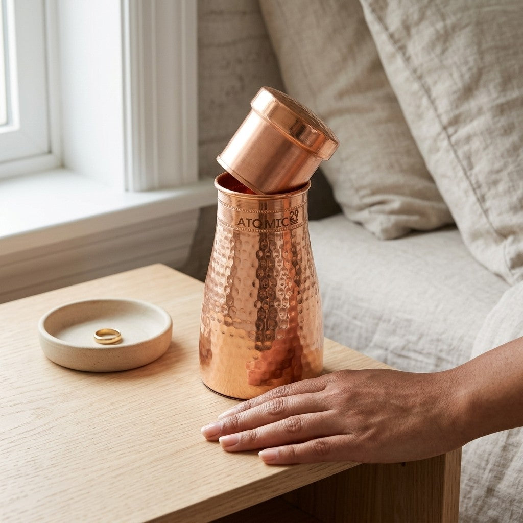 A hammered copper carafe with its lid leaning against the mouth on a light wood table beside a hand, with a small tray holding a gold ring nearby in a softly lit indoor setting.