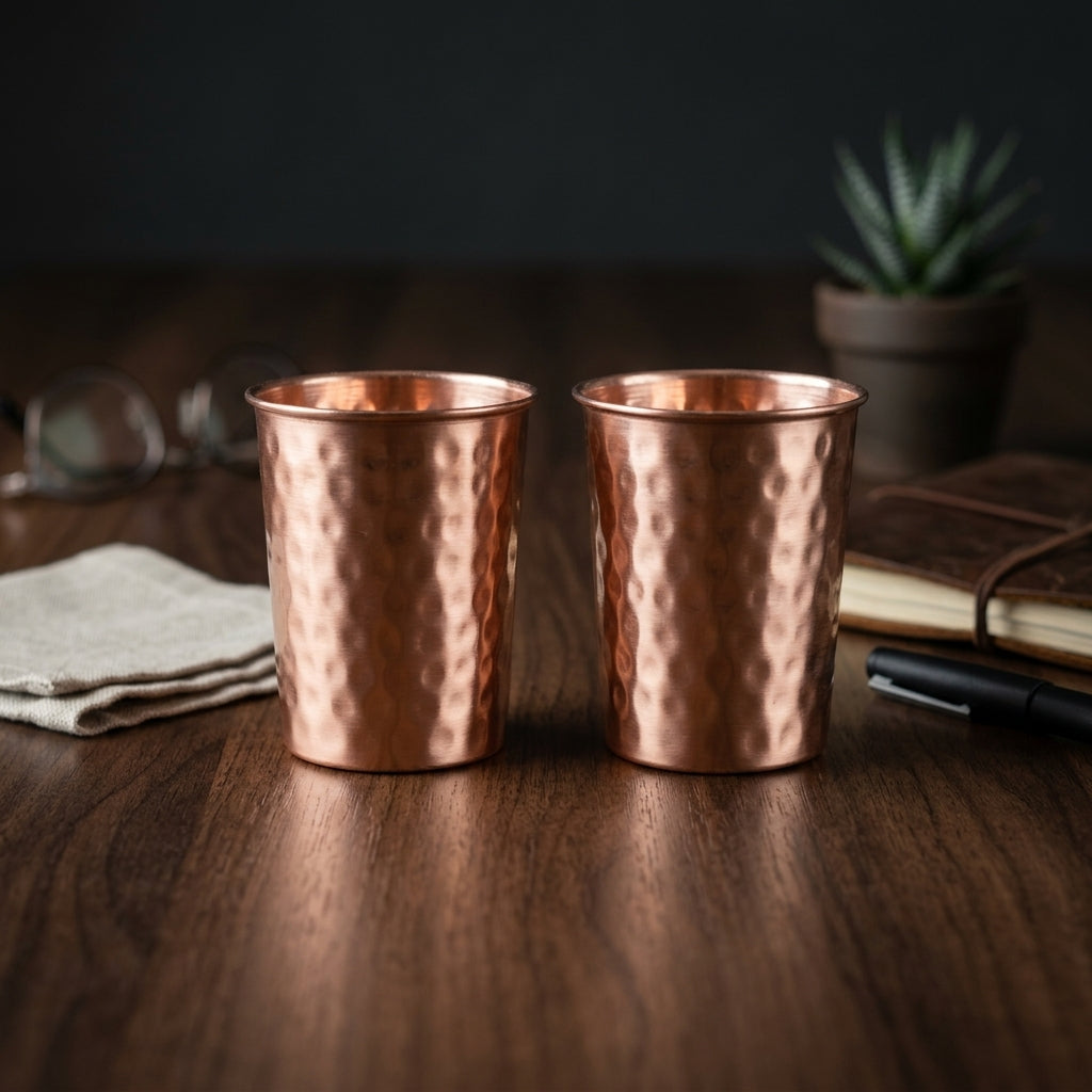 Two copper tumblers on a wooden surface with a dark background