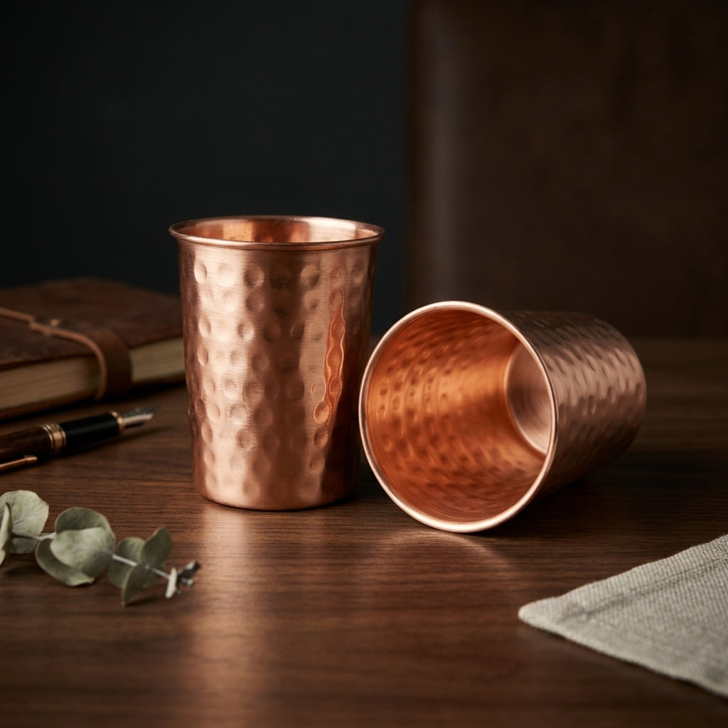 Two copper tumblers on a wooden surface with a dark background