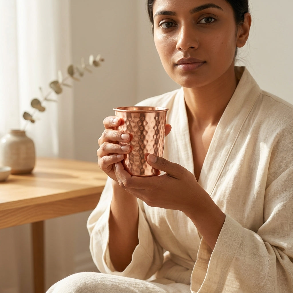 Woman in a white robe holding a copper glass in a cosy indoor setting.