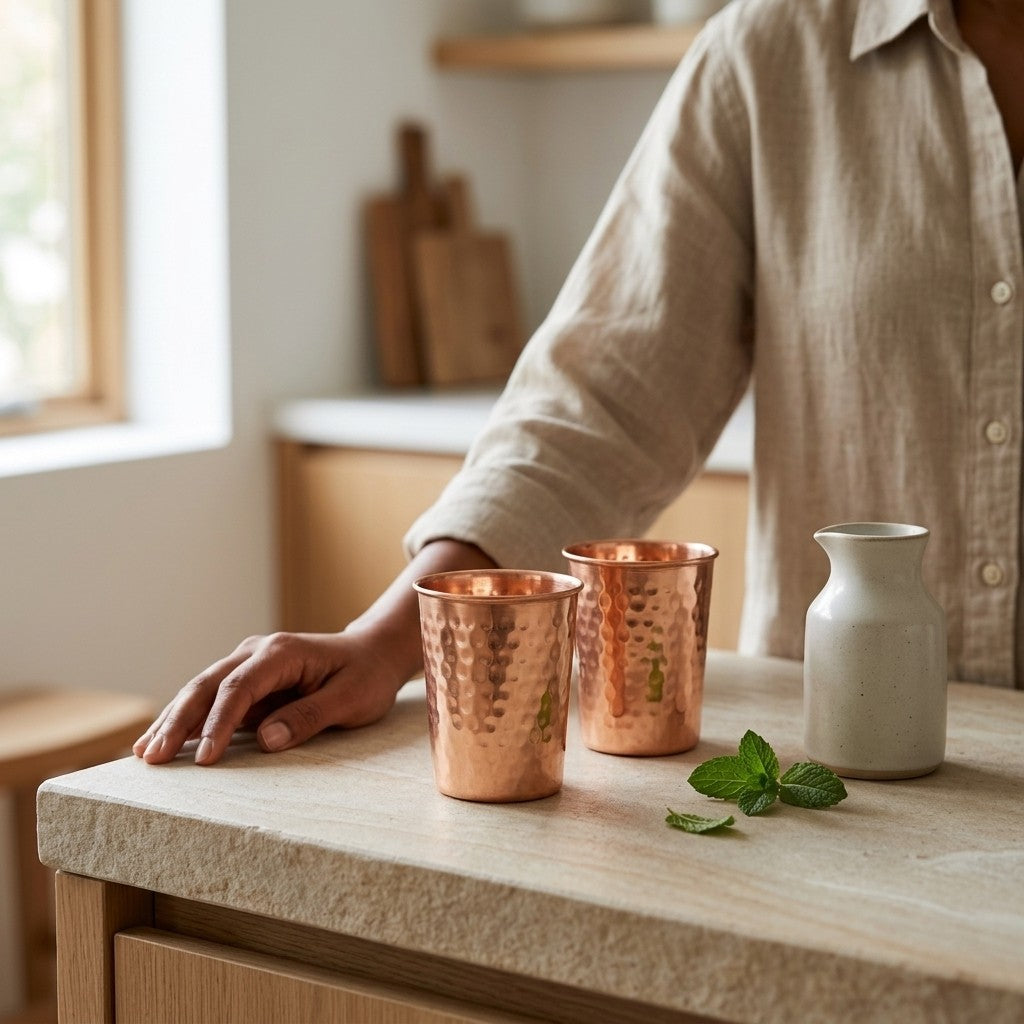 Two hammered copper mugs and a small white ceramic bottle on a light stone countertop in a warm kitchen setting, with a person's hand and torso visible in the background.