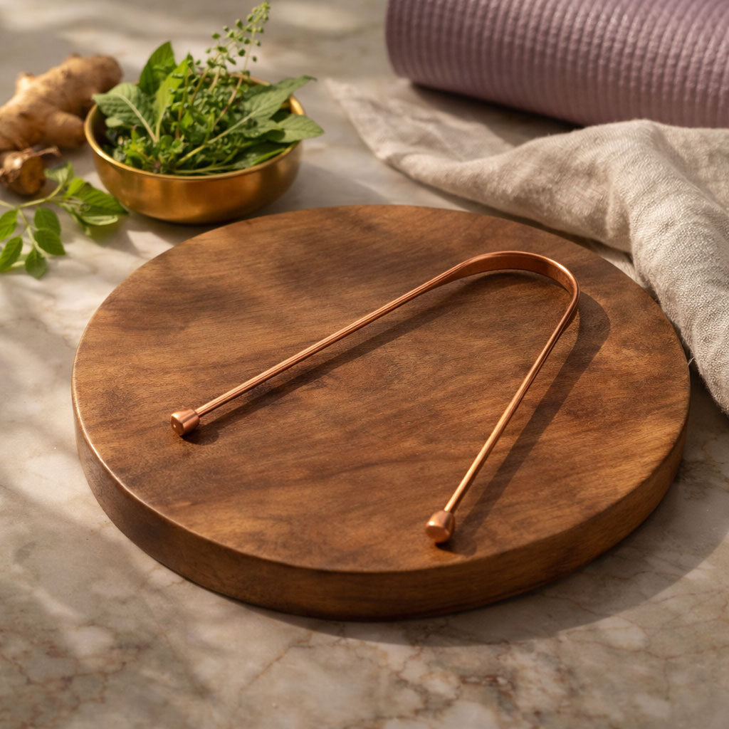 Wooden cutting board with copper tongue cleaner on a marble surface.