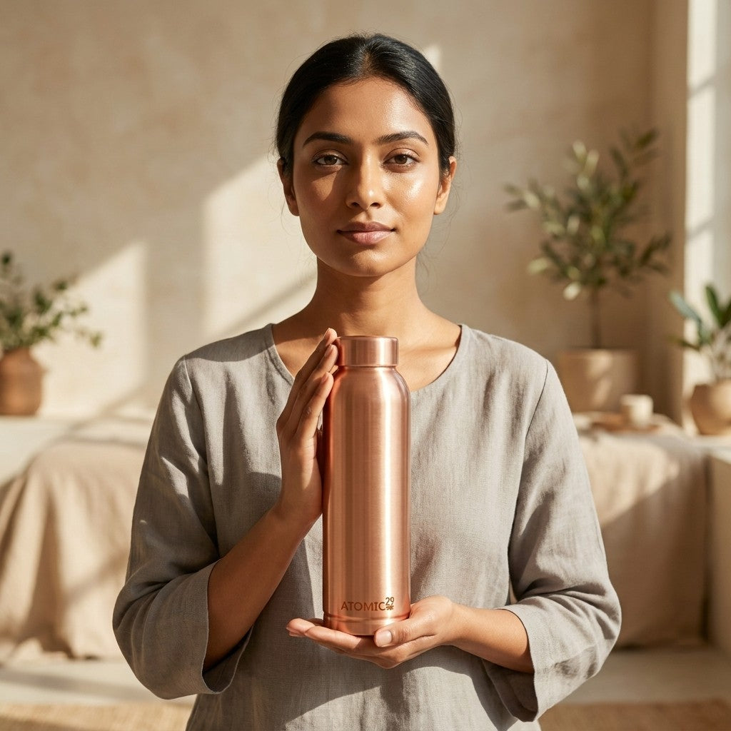 A woman in a neutral grey top holds a metallic copper insulated water bottle with the brand name 'ATOMIC29' visible on the front, set against a warm, softly lit indoor background with plants.