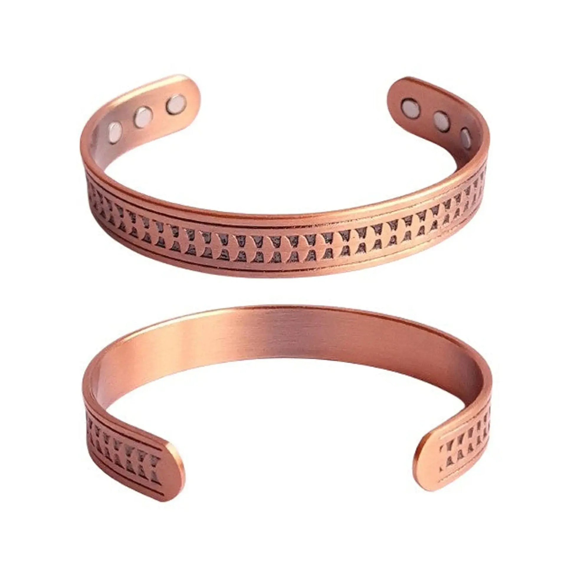 Two copper bracelets with engraved patterns on a white background