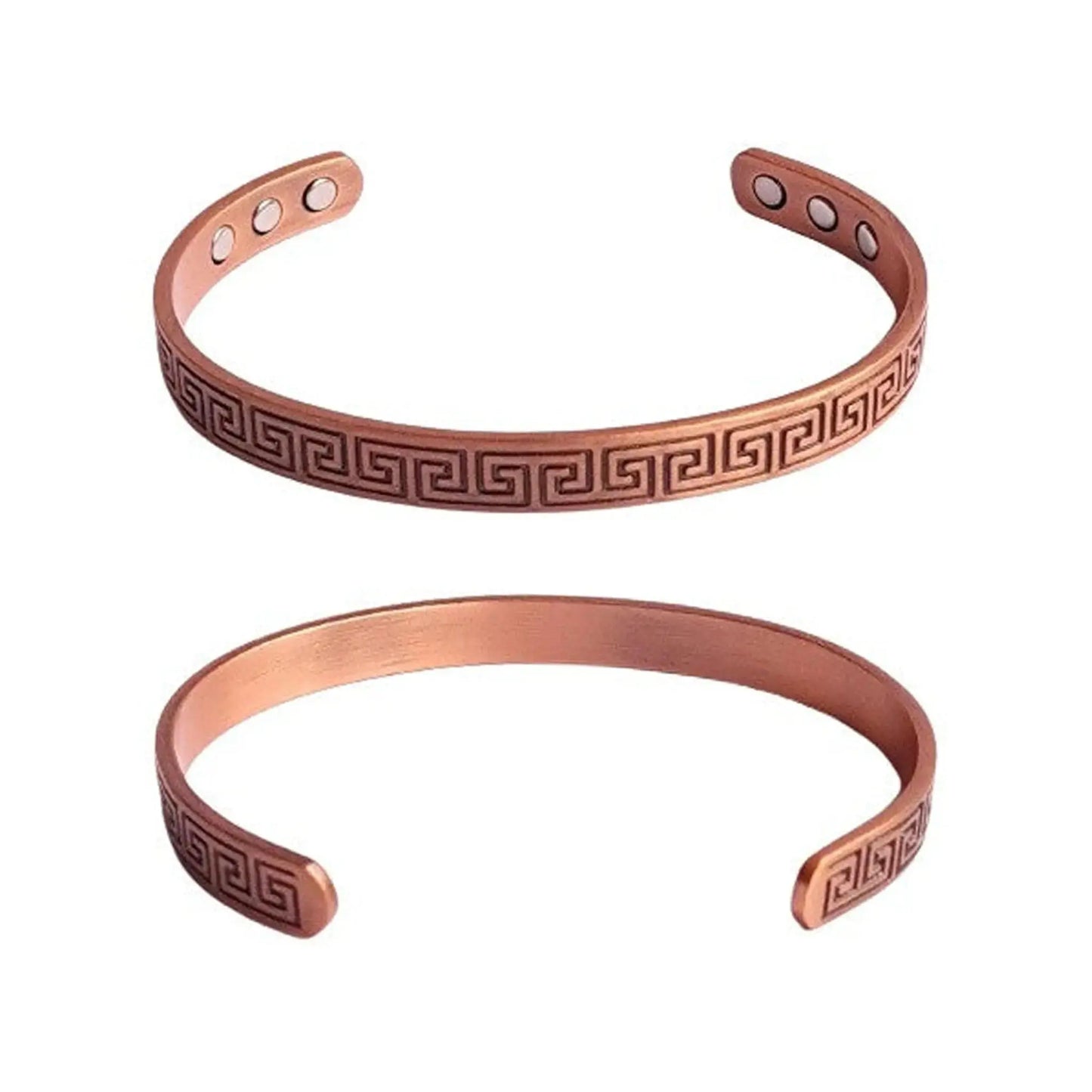 Two copper bracelets with block Greek key design on a white background