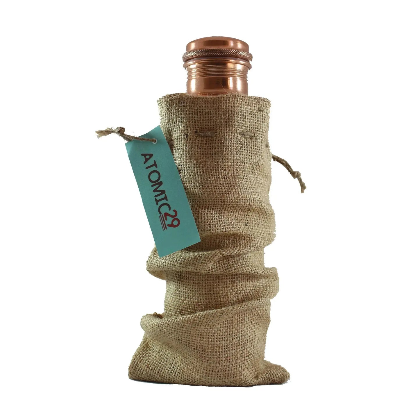 Bottle wrapped in burlap with a visible 'Atomic29' tag on a white background