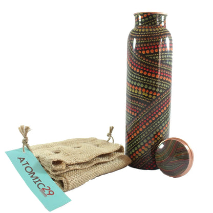 Colourful patterned copper water bottle with a small pouch and 'ATOMIC29' tag on a white background