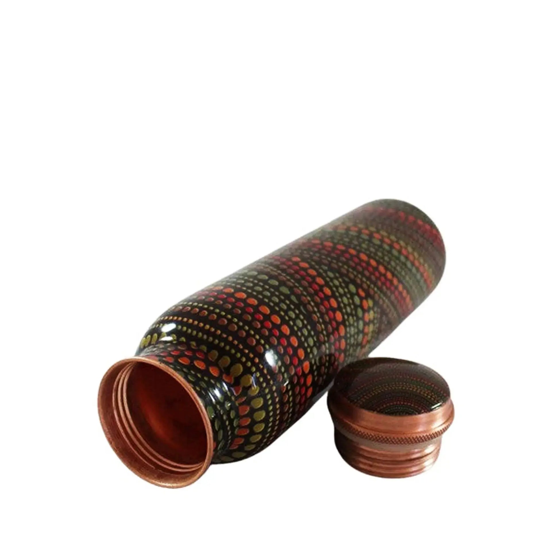 Decorative copper water bottle inside look with a patterned design on a white background