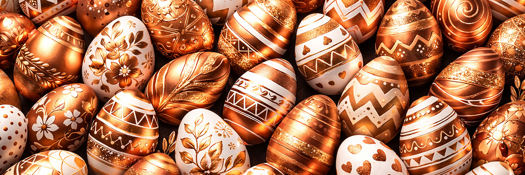 Decorative copper eggs with intricate patterns on a matching background