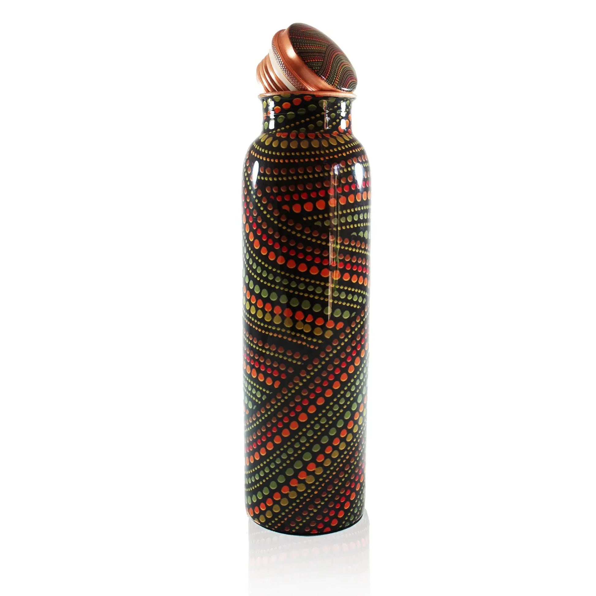 dot enamel printed bottle with a patterned design on a white background