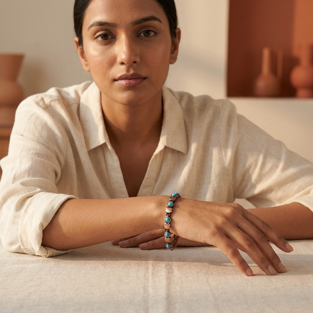A woman wearing a cream linen shirt rests her arms on a table, showcasing aqua copper magnetic bracelet with turquoise stones inlay.
