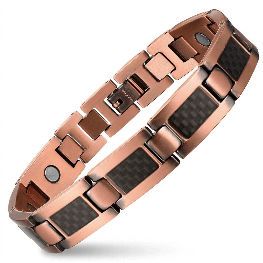 A copper magnetic therapy link bracelet with black carbon fibre textured inlays, shown on a clean white background.