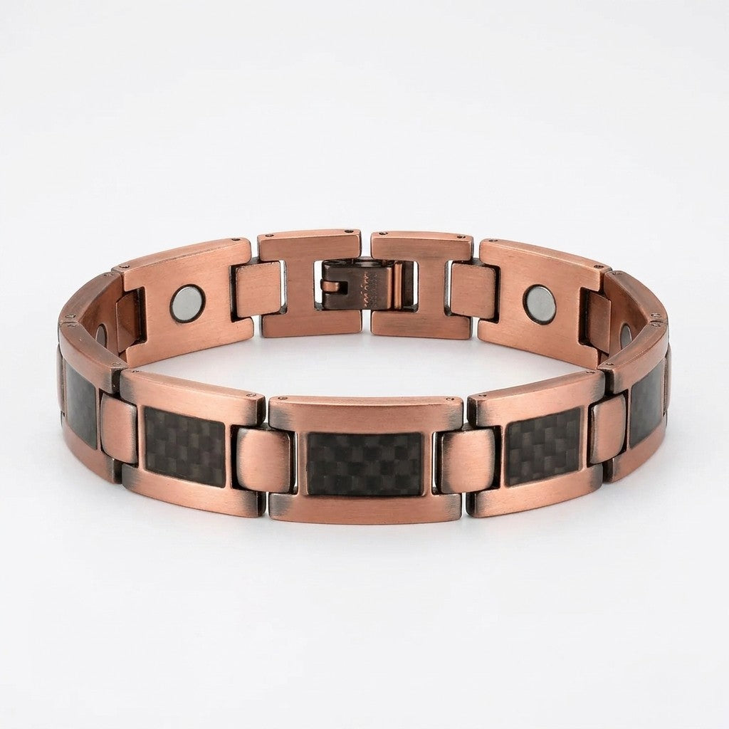 A copper magnetic link bracelet with black carbon fibre rectangle inlays, displayed on a clean white background.
