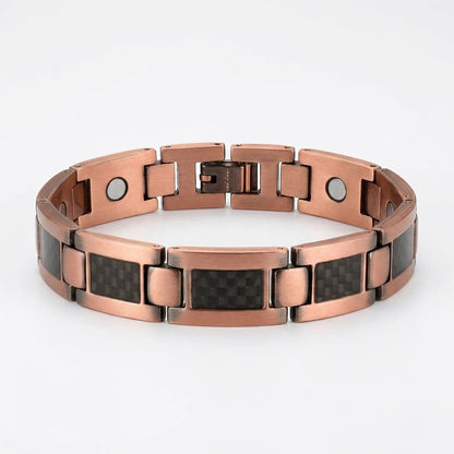 A copper magnetic link bracelet with black carbon fibre rectangle inlays, displayed on a clean white background.