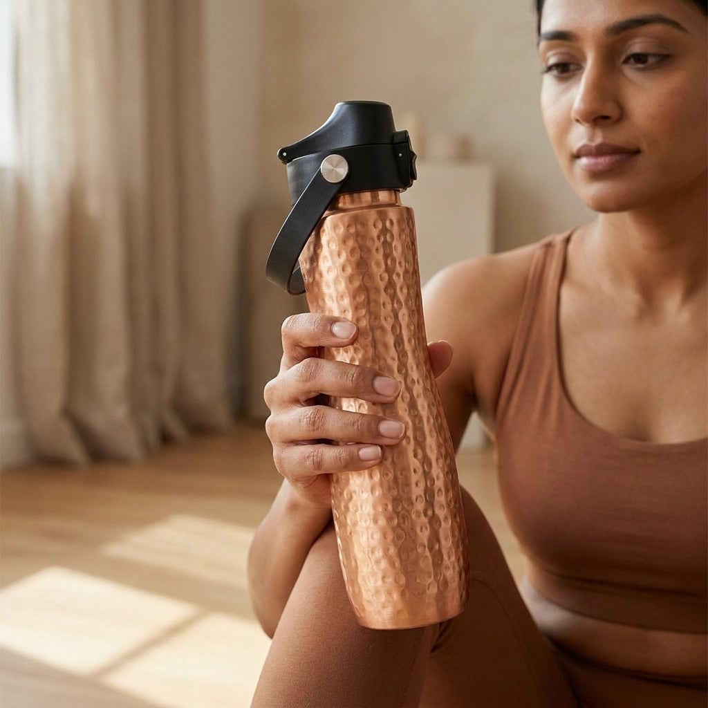 Hammered Pure Copper Water Bottle with Sports Lid 1L | Seamless Design