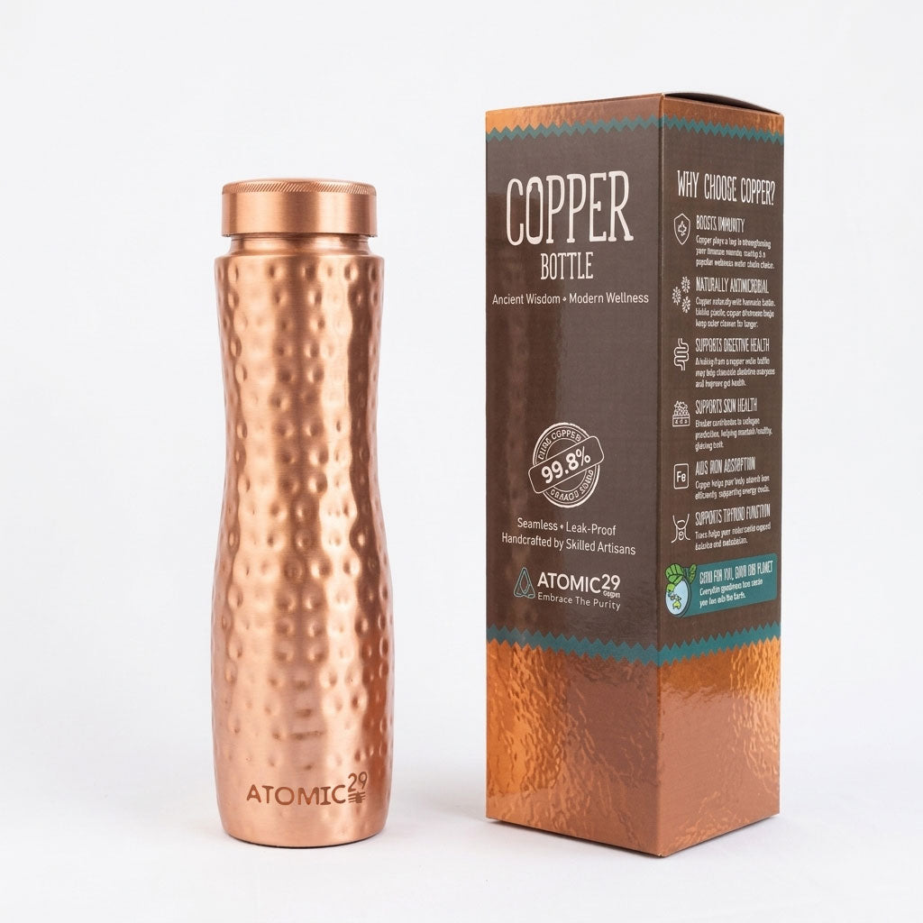 hammered curve copper water bottle with packaging box on white background