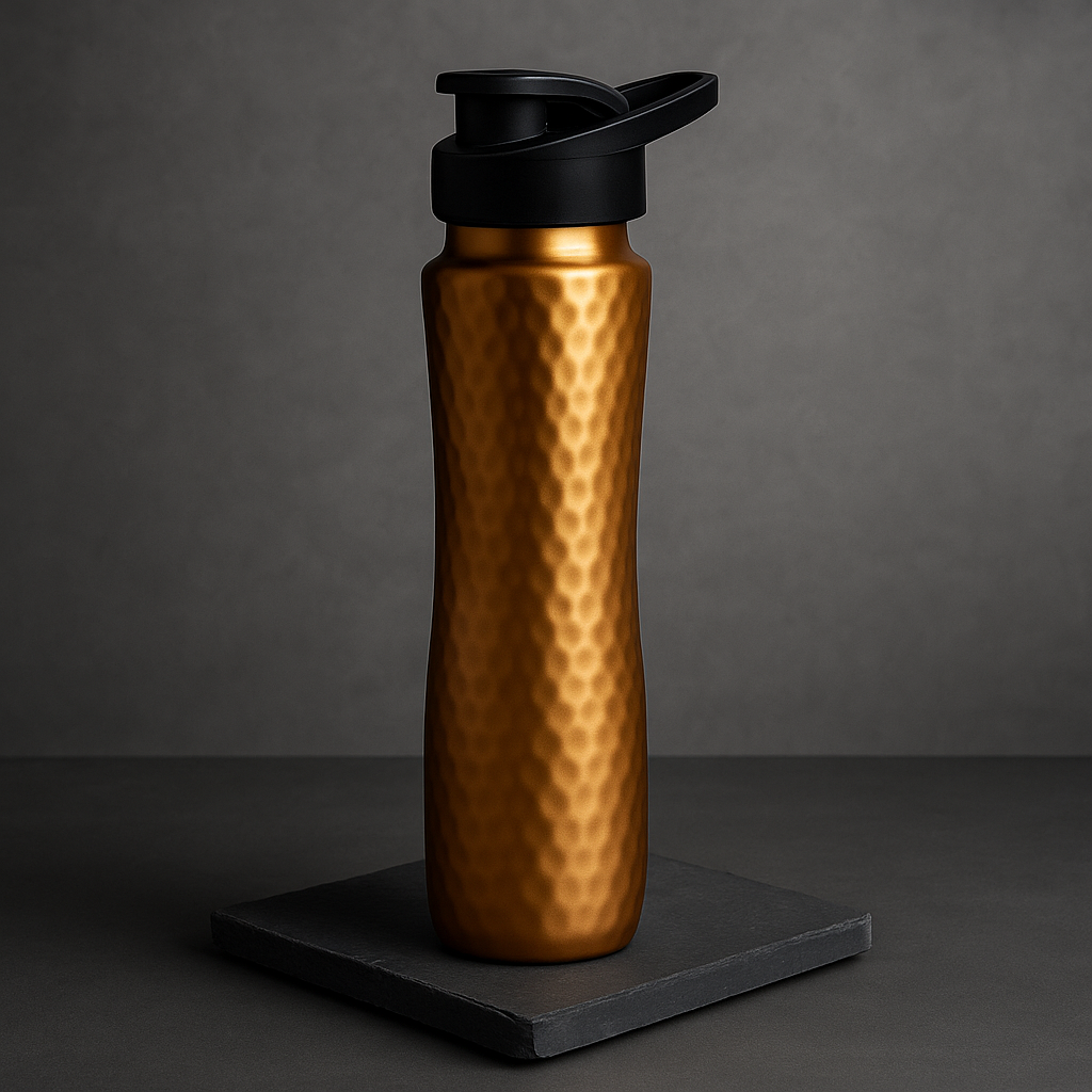 atomic29 copper water bottle on a black slate rock