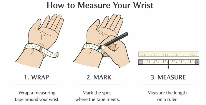 Step-by-step illustration showing how to measure wrist size for a bracelet using a measuring tape and ruler