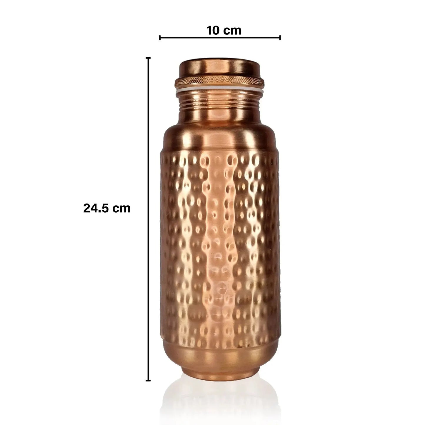 Jumbo copper water bottle with textured design and measurements on a white background