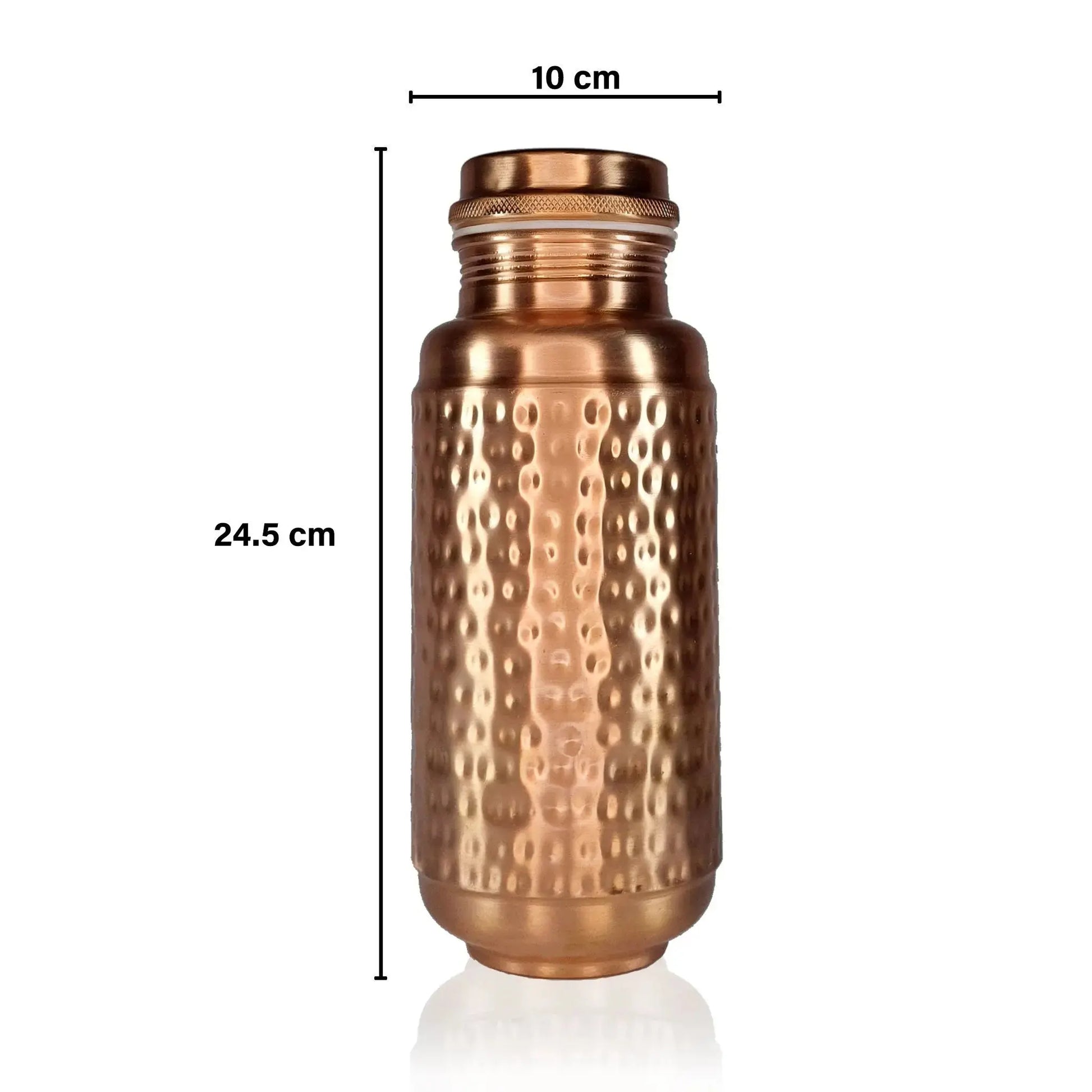 Jumbo copper water bottle with textured design and measurements on a white background