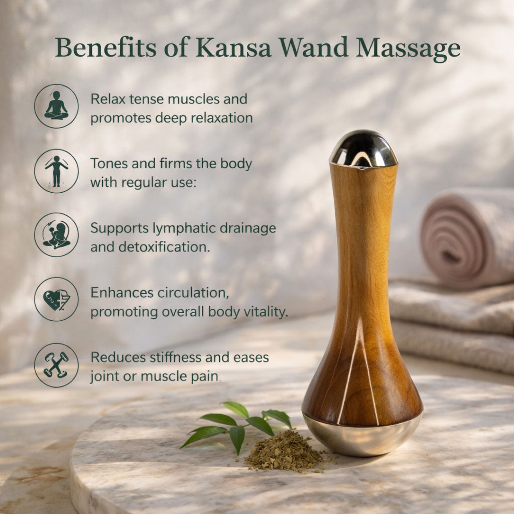 Kansa wand massage tool with benefits listed on a blurred natural background